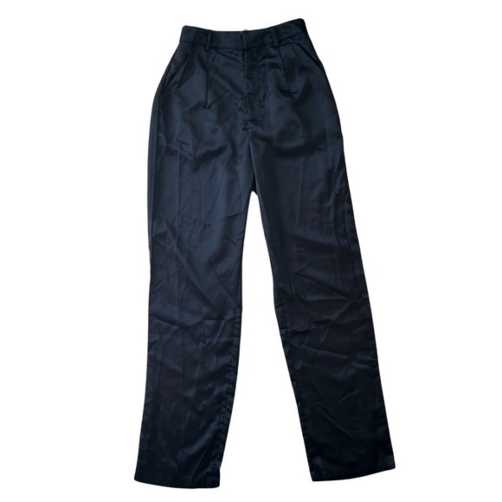 NWT PrettyLittleThing Black Satin Straight Leg Trousers High Rise Size 0 - Picture 3 of 6